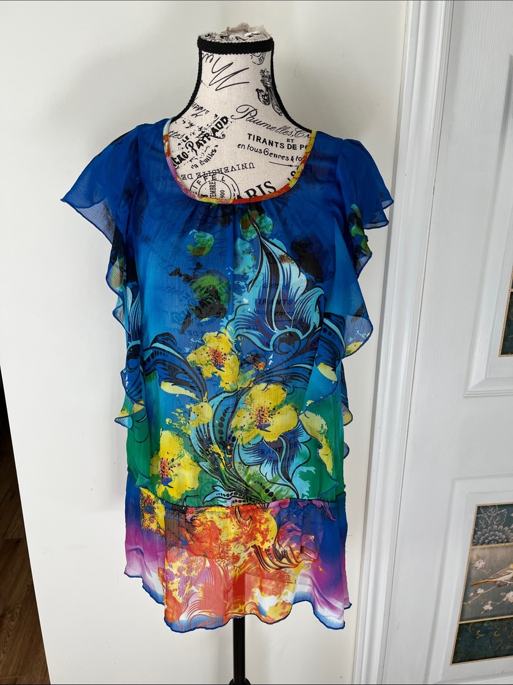 Vibrant Blue Sheer Floral Flutter Sleeve Tunic
